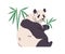 Giant panda eating bamboo leaf. Chinese bear sitting with green food. Wild Asian exotic animal feeding. Tropical jungle