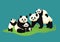 Giant panda family. Two adult pandas with three baby pandas. Chinese bears.