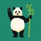 Giant panda standing on hind legs, holding bamboo branch, smiling and waving.