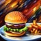 Giant Perfect Burger or Cheesburger - Semi Palette Knife Thick Style Oil Art on Canvas. Extra Juicy Hamburger. Generative AI art.