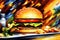 Giant Perfect Burger or Cheesburger - Semi Palette Knife Thick Style Oil Art on Canvas. Extra Juicy Hamburger. Generative AI art.