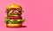 Giant Perfect hamburger classic burger american cheeseburger isolated on pink background - AI generated
