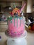 Giant pink and green turquoise drip cake for girls 4th birthday sprinkle