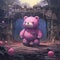 a giant pink stuffed sacred bear beast in the ruins of a temple