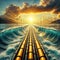 Giant pipelines cross vast water, sunlight on waves. Golden hues, dramatic scene., generative ai
