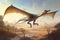 A giant pterosaur dives gracefully into a shimmering oasis surrounded by desert dunes.. AI generation