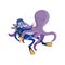 Giant purple octopus attacked diver with his tentacles. Marine life. Cartoon man in blue wetsuit, mask, flippers and