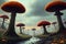 Giant red hat mushrooms growing like a trees under overcast sky, low angle view. AI generated