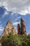 Giant red rocks thrust up into a beautiful dramatic blue sky at Garden of the Gods in Colorado Springs USA