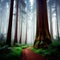 giant redwoods in a misty forest, with towering trees