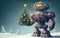 Giant retro robot stands in winter snowy landscape holding decorated Christmas tree. Generative AI illustration with copy space