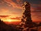 Giant rock Jenga tower mountain in a rocky landscape with sunset in the background. Generative AI