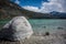 Giant rock on the shore of June Lake in California in the Sierra Nevada mountains