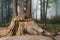 Giant root of long live Cedar Trees with moss in the forest in Alishan National Forest Recreation Area.