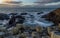 Giant`s Causeway, North Ireland, UK during winters. The fierce waves batter the iconic coastline of North Ireland.