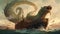 Giant sea serpent attacking a ship. Fantasy concept , Illustration painting