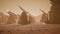 Giant solar panels on the surface of Mars during a dust storm. Panoramic landscape on the surface of Mars. 3D Rendering