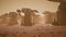 Giant solar panels on the surface of Mars during a dust storm. Panoramic landscape on the surface of Mars. 3D Rendering