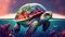 Giant space turtle carrying earth on its back is wandering in space. Generative AI