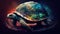 Giant space turtle carrying earth on its back is wandering in space. Generative AI
