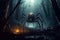 giant spider monster in forest at night. Spiders phobia and nightmare. Generative AI illustration