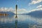 Giant steel fork in water of Geneva lake, Vevey