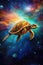 giant surreal turtle swimming in open space with colorful nebulas and stars, stylish wallpaper illustration