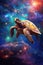 giant surreal turtle swimming in open space with colorful nebulas and stars, stylish wallpaper illustration