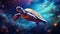 giant surreal turtle swimming in open space with colorful nebulas and stars, stylish wallpaper illustration