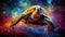 giant surreal turtle swimming in open space with colorful nebulas and stars, stylish wallpaper illustration