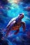 giant surreal turtle swimming in open space with colorful nebulas and stars, stylish wallpaper illustration