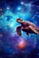 giant surreal turtle swimming in open space with colorful nebulas and stars, stylish wallpaper illustration