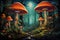 Giant talking mushrooms offering cryptic advice in dense forest groves - Generative AI