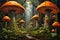 Giant talking mushrooms offering cryptic advice in dense forest groves - Generative AI