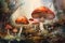 Giant toadstools, fantastic mushrooms, growing grass, cartoon deep color, peyote base, tael poisonous, red cap