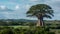 Giant tree stands tall amidst a verdant, sprawling landscape