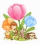 Giant tulip flowers with wildlife animals owl raccoon sloth bear and adventure boy . Realistic watercolor paint with paper