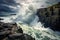 giant waves crashing on stone cliffs. troubled shore. Slieve League. stormy sea.