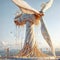 Giant white windmill with melting design on seagull-filled hill., generative ai