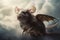 A giant, wise rat soars through the clouds on majestic wings. Generative AI