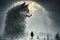 Giant wolf, warg Fenrir, looking at you trough snow covered trees in the northern forest at twilight. AI generated