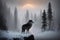 Giant wolf, warg Fenrir, looking at you trough snow covered trees in the northern forest at twilight. AI generated