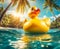 Giant yellow rubber duck in the clear sea among islands and palm trees, AI