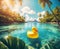 Giant yellow rubber duck in the clear sea among islands and palm trees, AI