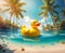 Giant yellow rubber duck in the clear sea among islands and palm trees, AI