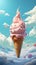 Giant yummy Ice Cream Cone hovers among clouds. Bright delicious sweet dessert with topping. Paradisaic delight. In pink