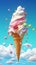 Giant yummy Ice Cream Cone hovers among clouds. Bright delicious sweet dessert with topping. Paradisaic delight. In pink