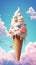 Giant yummy Ice Cream Cone hovers among clouds. Bright delicious sweet dessert with topping. Paradisaic delight. In pink