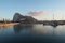 Gibraltar, view from La Lï¿½nea, Spain. Port with sailing boats, early morning