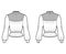 Gibson blouse technical fashion illustration with puff long sleeves, stand collar, peplum hem, fitted body, pintucked.